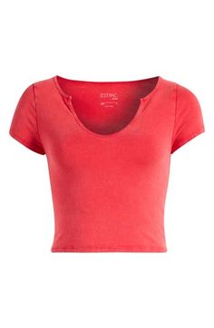 A sculpted scoop neck defines a trim and stretchy cotton T-shirt cut in an abbreviated length. 17" length (size Medium) Scoop neck Short sleeves 95% cotton, 5% spandex Machine wash, tumble dry Imported Casual Fitted Cropped T-shirt With Scoop Neck, Fitted Casual Cropped T-shirt With Scoop Neck, Red Fitted Cropped T-shirt With Short Sleeves, Fitted Red Cropped T-shirt With Short Sleeves, Casual Stretch Cropped T-shirt With Scoop Neck, Fitted Cotton Cropped T-shirt With Scoop Neck, Red Fitted Scoop Neck Top, Red Casual Scoop Neck Top, Casual Red Scoop Neck Top