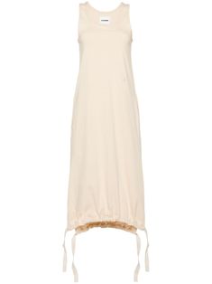 light yellow cotton jersey texture monogram embroidery to the front scoop neck sleeveless short side slits slip pockets to the sides ankle-length drawstring hem unlined Monogram Embroidery, Jersey Maxi Dress, Maxi Jersey Dress, City Dress, White Maxi, Summer Beach Wear, White Maxi Dresses, Jil Sander, Light Yellow