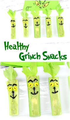 some food sticks with faces on them and the words healthy grin snacks written in green