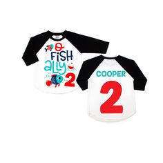 two children's shirts with numbers on the front and back, one for each child