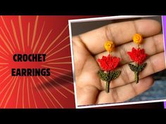 crochet earrings with flowers are shown in the foreground and an image of a person's hand holding it