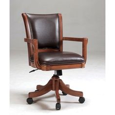 a brown leather office chair with casteors and wheels