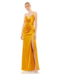 Satin Sleeveless Faux Wrap Ruched Gown – Mac Duggal Romantic Dream, Stylish Jumpsuit, Sheath Gown, Spaghetti Strap Prom Dress, Unique Prom Dresses, Mac Duggal, Yellow Fashion, Long Gown, Long Prom Dress