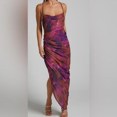 Brand New Hermae Midi Dress - Ruched Side Split Tie Back Slip Dress In Blurred Dreams Size 6 Or Medium Perfect For Any Occasion Selling Because It’s Too Big On Me Chic Purple Ruched Midi Dress, Sleeveless Ruched Purple Maxi Dress, Purple Ruched Maxi Dress For Evening, Purple Ruched Midi Dress, Purple Floral Print Maxi Dress For Date Night, Date Night Purple Floral Print Maxi Dress, Date Night Purple Floral Maxi Dress, Purple Ruched Bodice Dress For Summer, Purple Floral Print Midi Dress For Evening