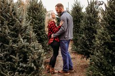 a man and woman standing in between rows of christmas trees at a tree farm looking into each other's eyes