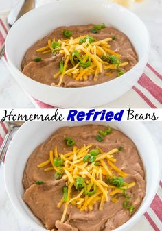 two white bowls filled with homemade refried beans and cheddar cheese on top