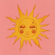 a drawing of a sun with eyes and eyelashes on it's face, against a pink background