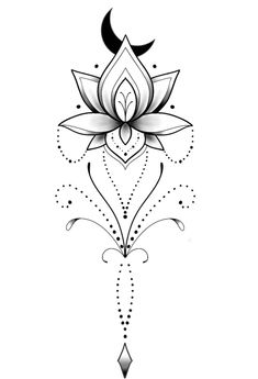 a black and white drawing of a lotus flower on a white background with an arrow in the center