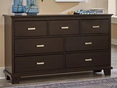 (Online Special Price) Covetown Dark Brown Dresser - Ornate Home Brown Dresser, Spare Bed, Modern Headboard, 7 Drawer Dresser, Dark Material, Bed Linens, Bedroom Dressers, Top Drawer, Metal Bar