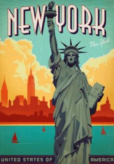 the statue of liberty is shown in this vintage style poster from new york, usa