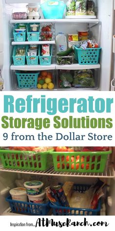 refrigerator filled with lots of different types of food and storage containers in front of it