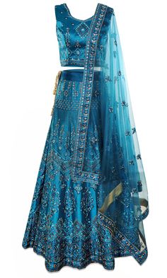 Teal Blue Lehenga Made out of silk, blue thread work and champagne gold sequins, and net dupatta.