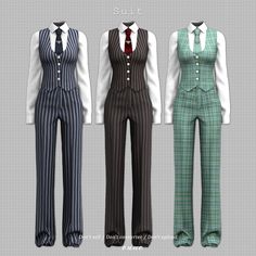 three men's suits with ties and vests are shown in four different colors