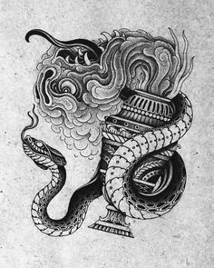 a black and white drawing of a snake with a vase on it's head