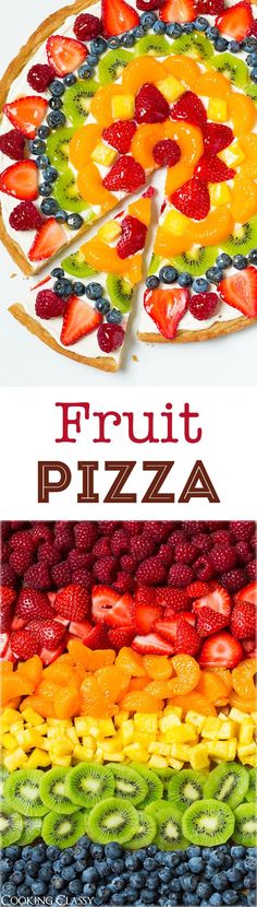 the fruit pizza is cut into pieces and ready to be eaten