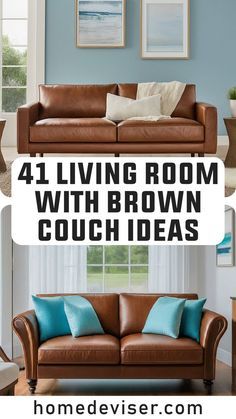 four living room with brown couches and blue walls in the same color palettes