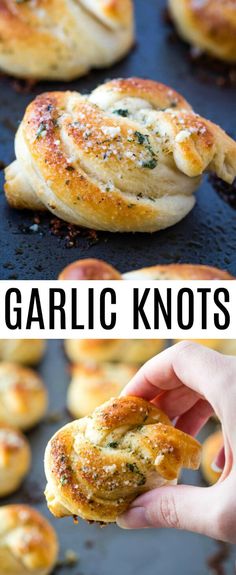 garlic knots on a baking sheet with text overlay