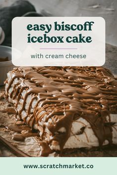 a close up of a cake with icing on it and the words easy biscoff icebox cake