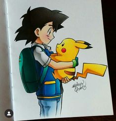 a drawing of a boy holding a pokemon pikachu