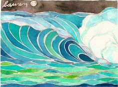 a drawing of a wave in blue and green water with the words living on it