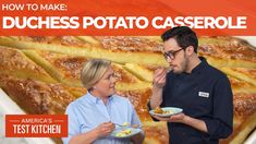 a man and woman standing in front of a giant loaf of bread with the words how to make ducces potato casserole