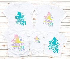 Unicorn matching family pastel rainbow birthday shirts, unicorn birthday, unicorn birthday shirt, unicorn shirt, unicorn party, cute shirt Welcome to JADEandPAIIGE! Below is a list of sizing and washing instructions for our products! PLEASE READ ALL SHOP ANNOUNCEMENTS PRIOR TO PLACING YOUR ORDER! WE CAN MATCH FAMILY SHIRTS TO ANY LISTING REACH OUT FOR LINKS! WE RESPOND ALMOST IMMEDIATELY SO PLEASE MAKE SURE YOUR ETSY NOTIFACTIONS ARE TURNED ON SO YOU DON'T MISS US! DO NOT wash within 14 days of delivery as ink is fresh!   We are open to custom orders and designs, so please send us a message!  OUR CURRENT turn around time is 1-5 business days. Unless listed otherwise in shop announcements Any of our listing's can be done on bodysuit, t-shirt, raglan (baseball tee) or in adult sizes for men White Unicorn Print T-shirt For Birthday, White Unicorn Print Top For Birthday, Birthday White T-shirt With Unicorn Print, Cotton Unicorn Print Top For Birthday, White T-shirt With Unicorn Print For Birthday, Fun Unicorn Print Top For Birthday, Fun Unicorn Print Tops For Birthday, Pastel Rainbow Birthday, Unicorn Birthday Shirt