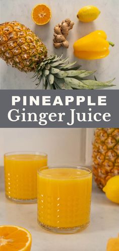 pineapple ginger juice with oranges and lemons on the side, in front of it