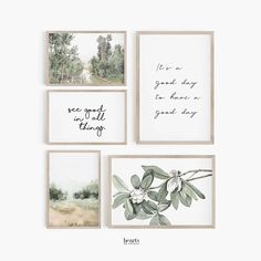 four framed art pieces with the words, trees and watercolors on them in black ink