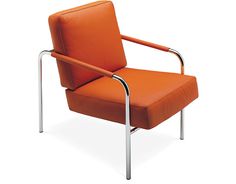 an orange chair sitting on top of a white floor next to a metal leg rest