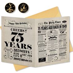 an open birthday card with the words 75 years ago back in 1994 printed on it