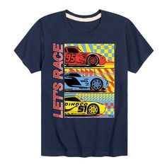 Disney's Cars - Lets Race - Boy's Toddler & Youth Short Sleeve Graphic T-Shirt - Celebrate the essence of Disney's Cars with officially licensed apparel featuring unique designs crafted exclusively by Hybrid Apparel. Each piece brings beloved characters, iconic imagery, and memorable moments to life, offering Cars fans a one-of-a-kind way to showcase their passion. Jackson Storm, Cars Lightning Mcqueen, Trending Graphic Tees, Boy Car, Graphic Material, Car Shirts, Kids Pattern, Disney Pixar Cars, Kids Clothes Boys