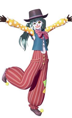 a cartoon character with long hair wearing a hat and striped pants, holding her arms out in the air