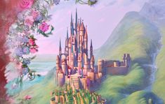 a painting of a castle on a hill with flowers in the foreground and a pink rose border around it