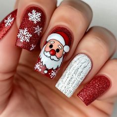 Red Nails With Snowflake Design, Christmas Nail Art Designs Xmas, Santa Claus Nail Art, Class Nails, Santa Nails, Red Christmas Nails, Christmas Nail Art Designs, Snowflake Nails, Buffet Food