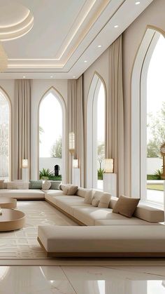 an elegant living room with large arched windows