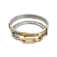 The Ischia Stack, a two-piece gold and silver bracelet stack featuring a gold bangle with textured detailing and a silver chain bracelet with a diamond-like encrusted clasp. Gold And Silver Bracelets, Gold Plated Bangles, Classy Jewelry, Stacked Jewelry, Jewelry Lookbook, Metal Bracelets, Polish Jewelry, Exquisite Jewelry, Steel Chain