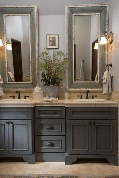 a bathroom with two sinks and mirrors on the wall above them is featured in an instagram