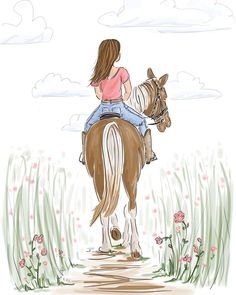 a drawing of a girl riding on the back of a brown and white horse in a field