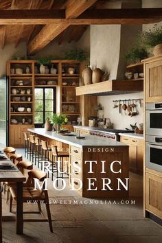 a kitchen with lots of wooden cabinets and counter top space, along with an open floor plan