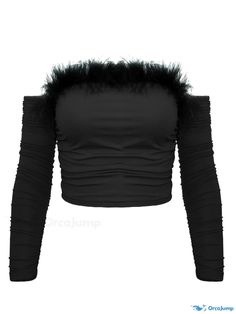 Orcajump - Faux Fur Trim Off-shoulder Top, Stylish Long Sleeve Cropped Top For Summer, Women's Clothing Black Off-shoulder Top For Fall Party, Fitted Off-shoulder Top For Winter, Fitted Off-shoulder Top For Fall Party, Winter Off-shoulder Fitted Crop Top, Winter Fitted Off-shoulder Crop Top, Fitted Off-shoulder Crop Top For Winter, Off Shoulder Tops, Fur Trim, Long Sleeve Crop Top