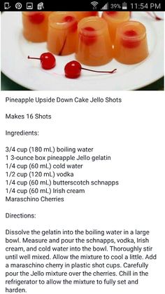 the recipe for pineapple upside down cake jello shots is shown on a plate