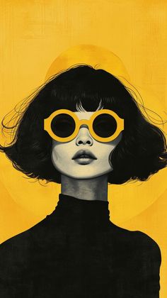 a woman with yellow glasses on her face and black hair, in front of a yellow background