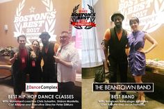 two pictures of people standing in front of a sign and the same one has an award for best hip - hop dance classes