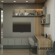 a living room with a tv and some shelves on the wall next to a desk