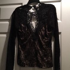 Black See Through Pattern Over Beige Front Chest. Back Of Shirt Open & Has Just Black See Through Pattern. Front Has Diamond Shape Open Area. Lace Long Sleeve Top For Night Out, Fall Long Sleeve Lace Top For Night Out, Long Sleeve Lace Top For Fall Night Out, Long Sleeve Lace Top For Night Out In Fall, Lace Top For Party In Fall, Black Long Sleeve Tops For Going Out, Elegant Black Top For Going Out, Lace Top For Night Out, Lace Top V-neck For Night Out