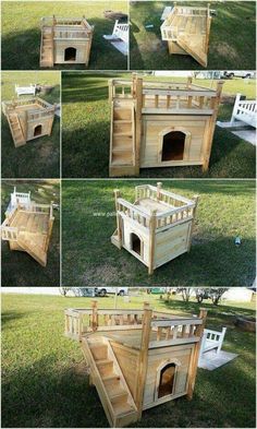 the steps to build a dog house made out of pallets and wooden planks