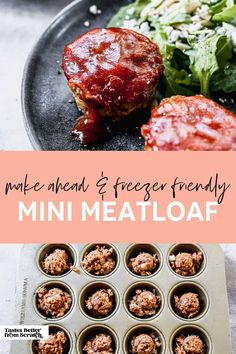 mini meatloaf muffins with ketchup and salad in the background