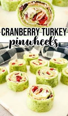 cranberry turkey pinwheels on a cutting board with the title in the middle