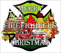 merry firefighter's christmas card with various types of trucks and trees on it