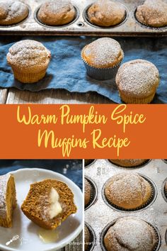 pumpkin spice muffins with cream cheese frosting on top and in the middle